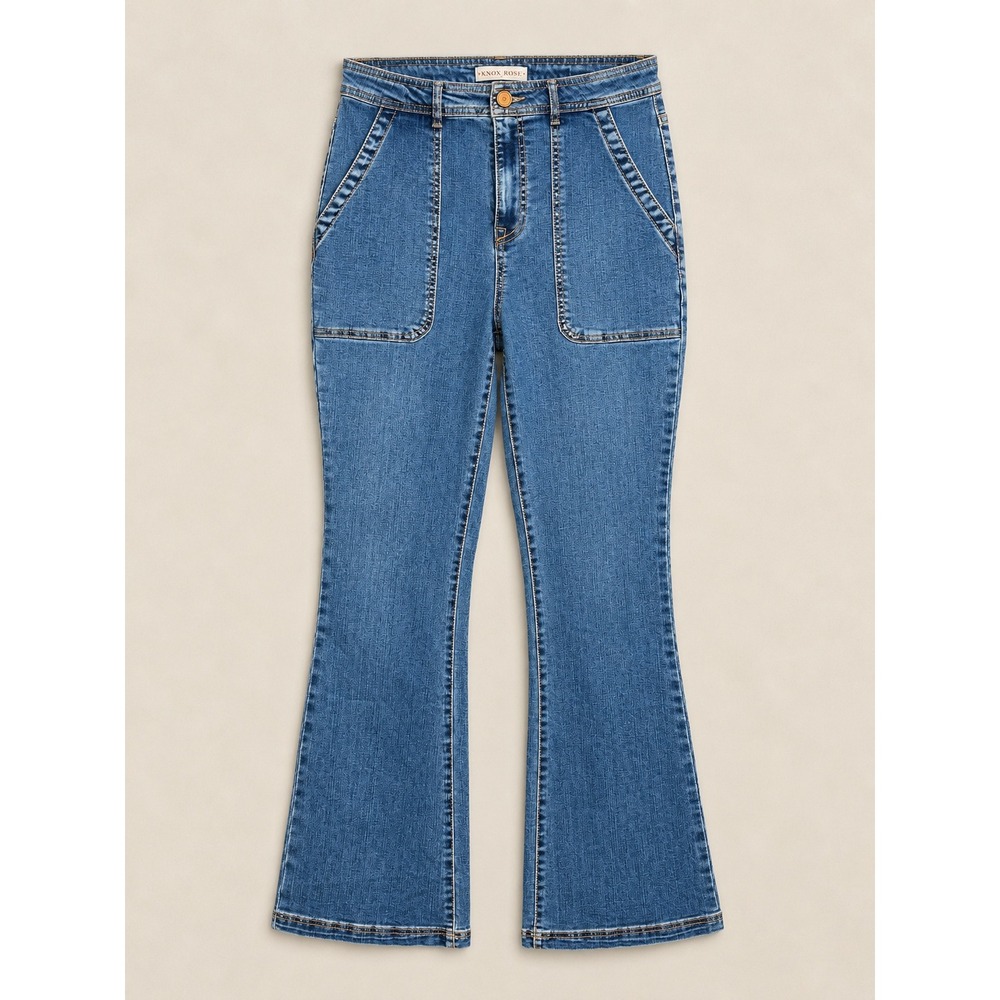 KNOX ROSE Blue High Rise Flare Jeans Front Patch Pockets Medium Wash Retro Boho
